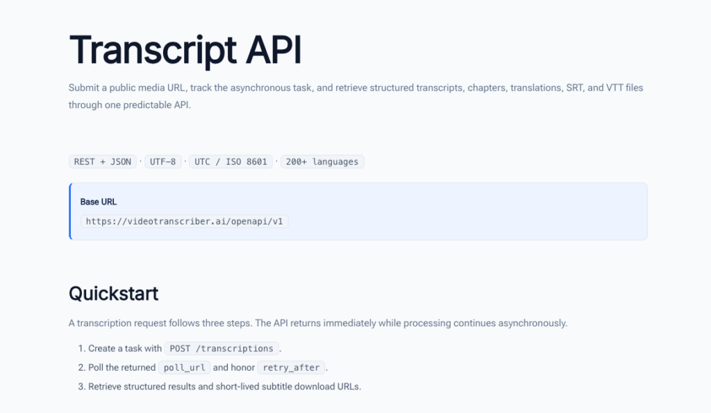 Video Transcriber AI Transcript API: One Best Speech to Text API for Every Source