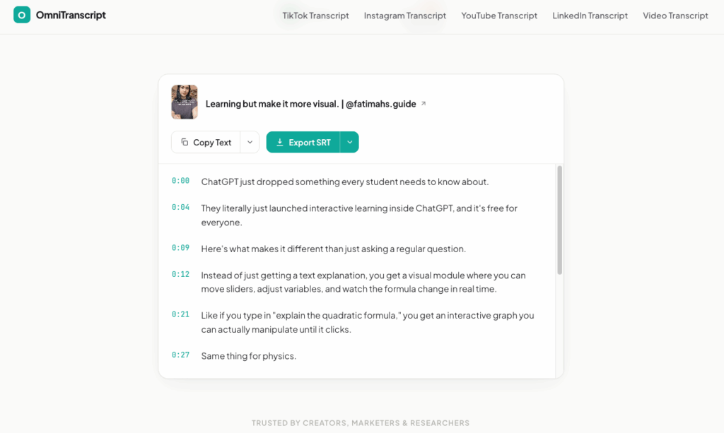 OmniTranscript: Unlimited Free TikTok Transcript Extraction With SRT Export
