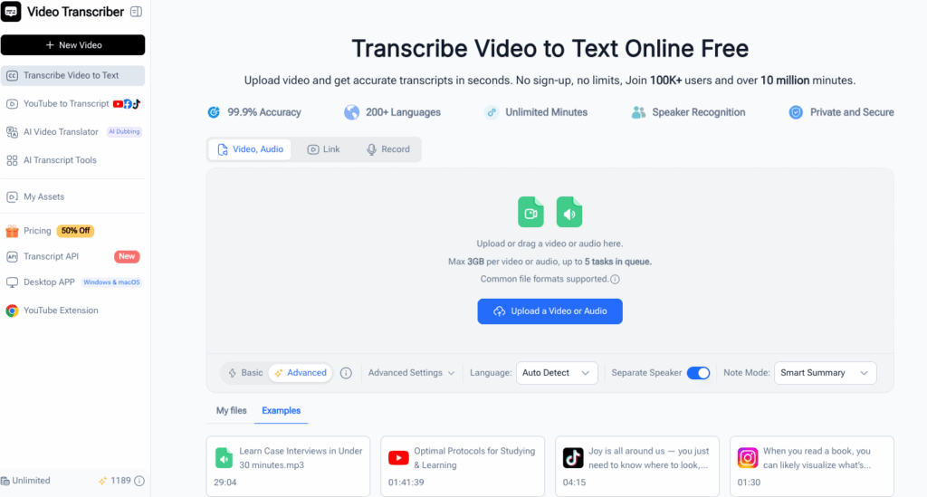 Step 1: Open Video Transcriber AI and Upload Your File
