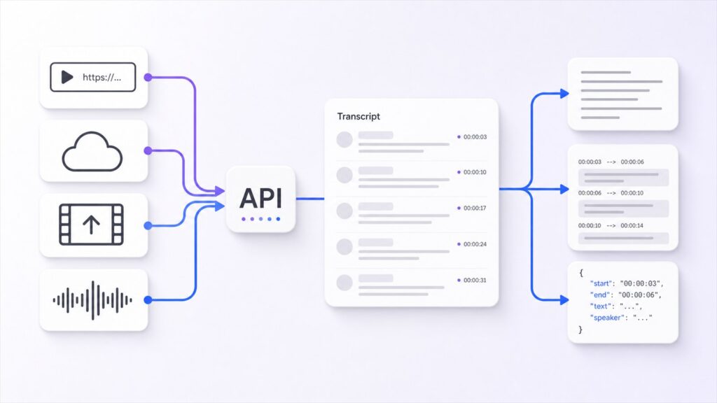 video transcriber ai transcript api connecting media sources to subtitles and structured json