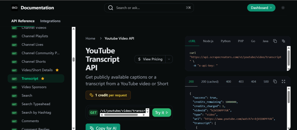 ScrapeCreators — Best for Transcripts Plus Social Data
