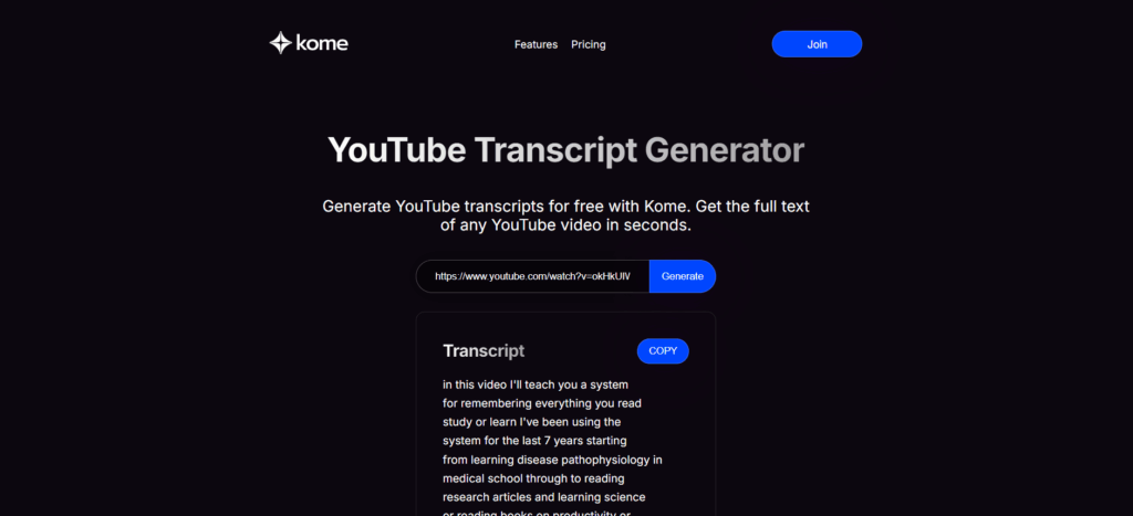 Kome.ai – Blazing-Fast YouTube Transcript Downloader