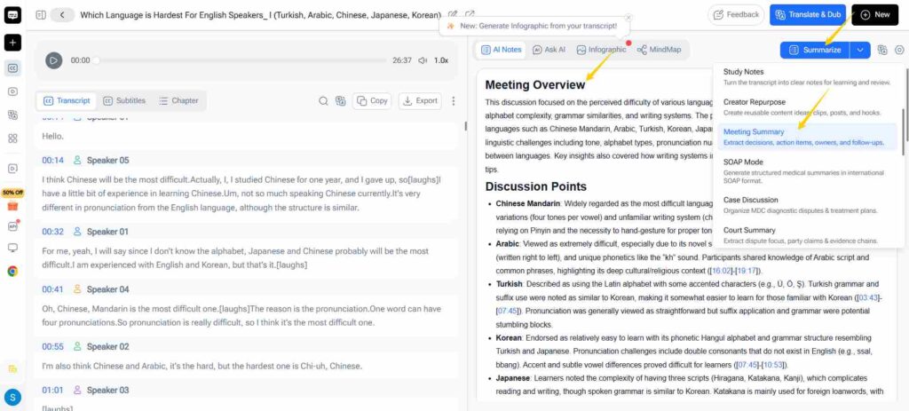 Video Trancriber AI records and transcribes meeting with concise summary