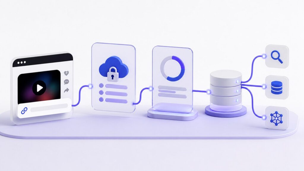 TikTok Transcript API workflow from a public video URL to processing storage and connected tools