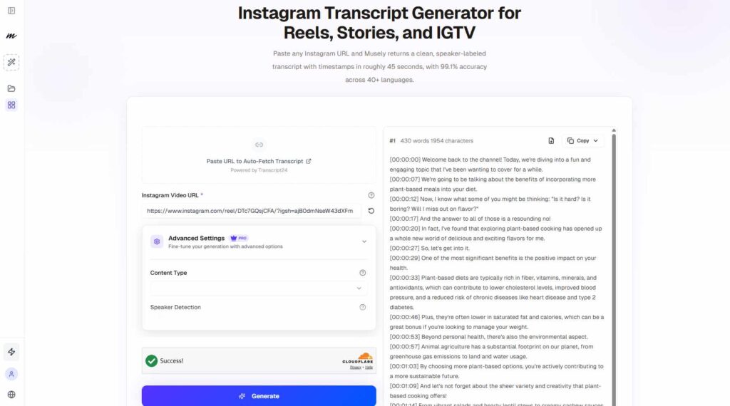 Musely — Speaker-Labeled Transcripts in Under 60 Seconds