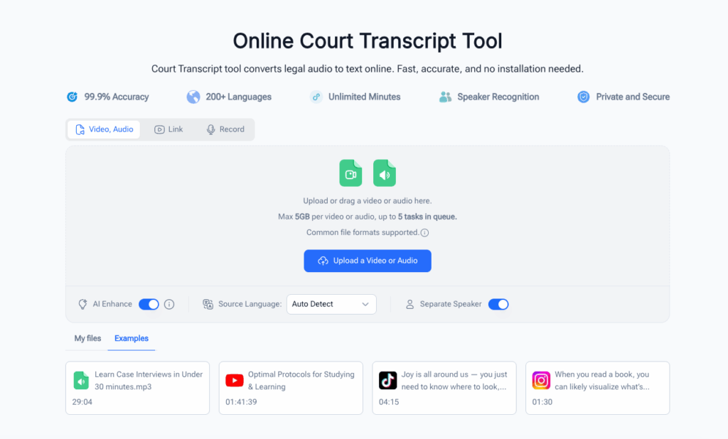 Step 2: Upload Your Audio to Court Transcript
