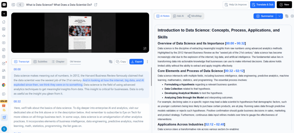 Video Transcriber AI generates video transcripts and structured summaries with timestamps