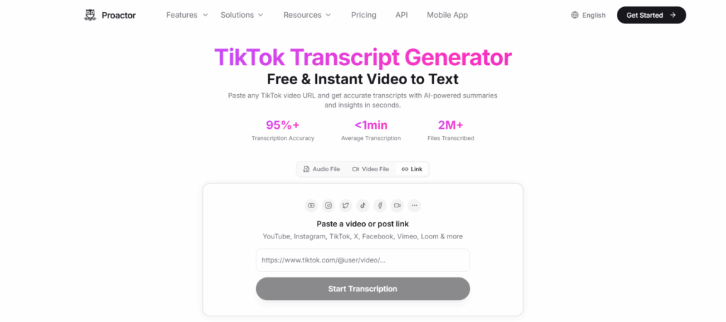 Proactor AI — Best for URL-Based TikTok to Transcript Workflows