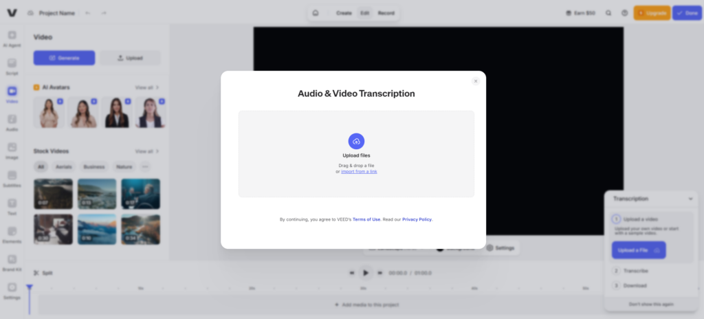 VEED – Browser‑Based Editor with Transcription & Subtitles