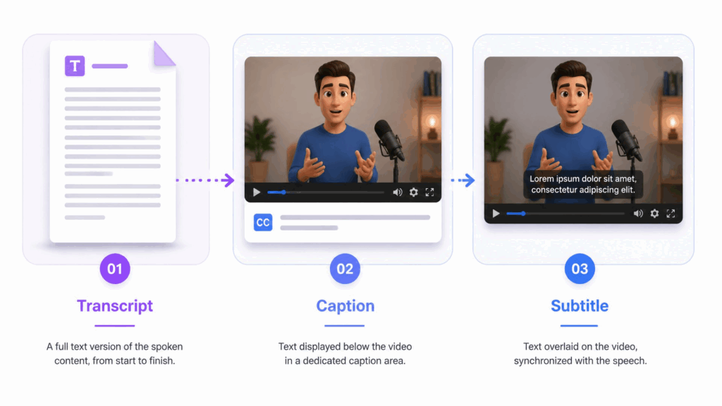 Transcript vs. Captions vs. Subtitles: The Difference