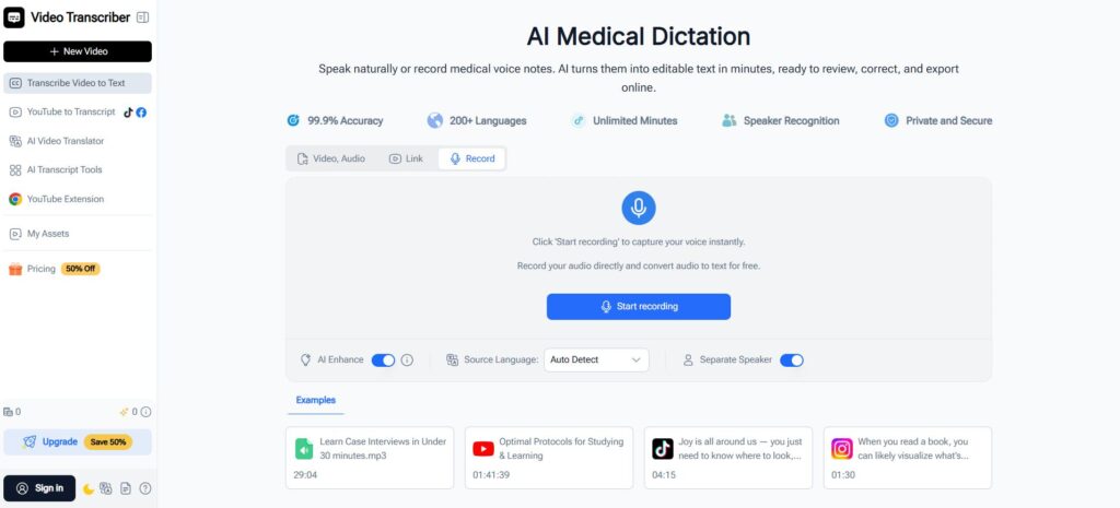 Video Transcriber AI is a lightweight option for medical dictation when users do not need direct EHR setup