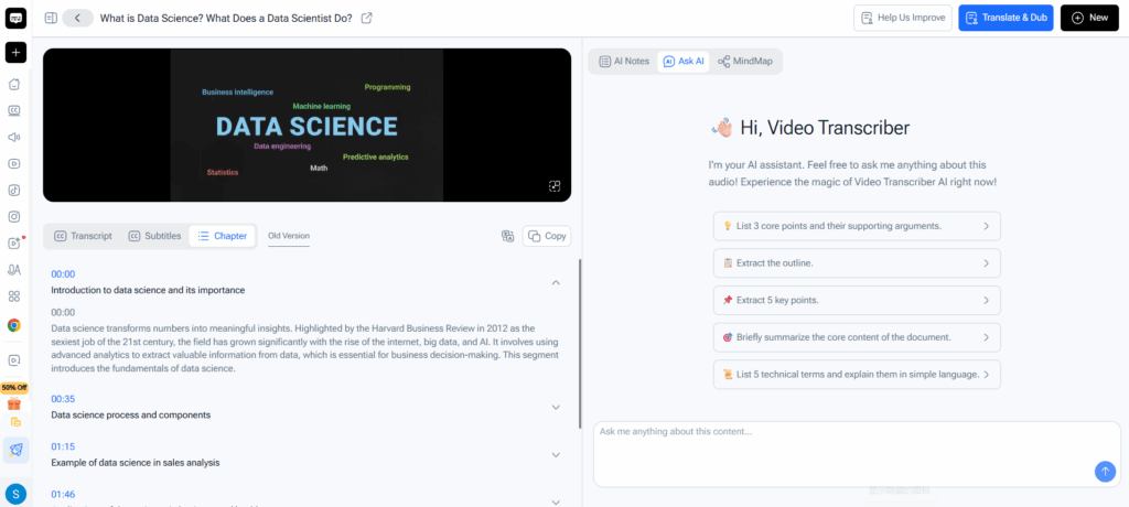 Video Transcriber AI allows chatting with video and audio content for deep research