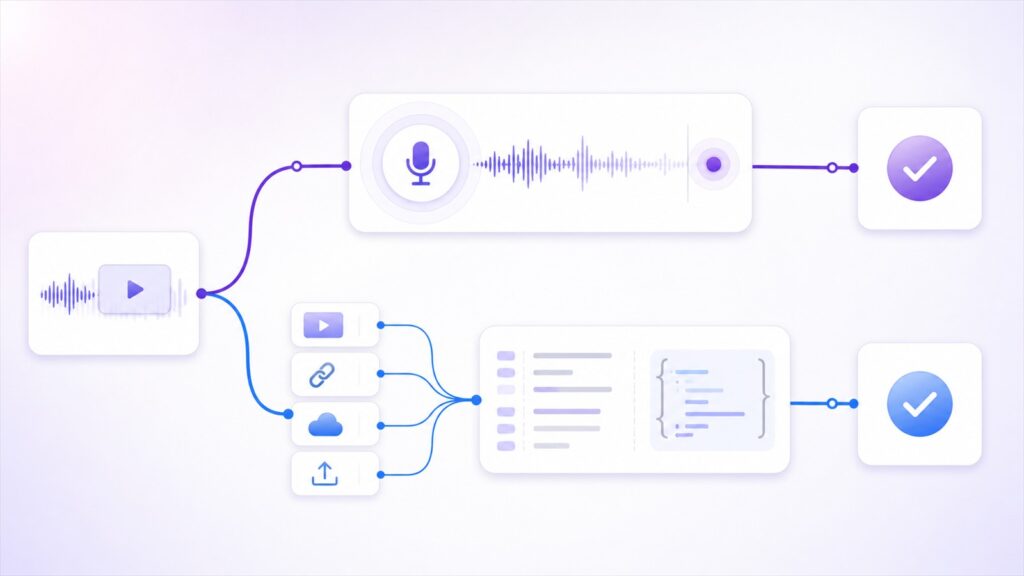 decision workflow for choosing between live speech transcription and multi source video transcription
