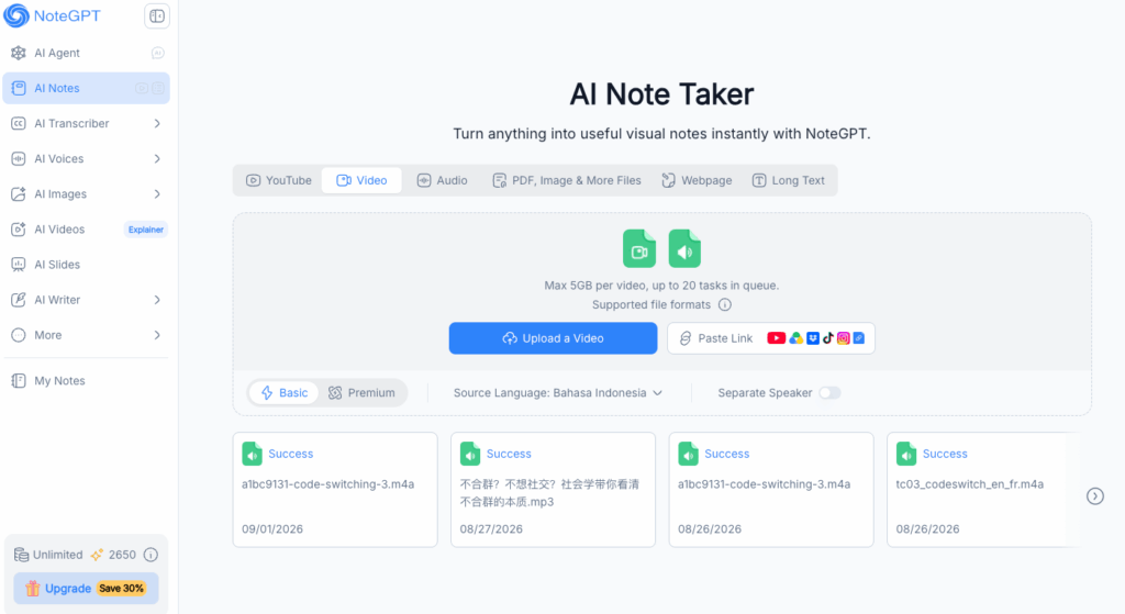 2. NoteGPT: Best for Batch Transcription and AI Notes