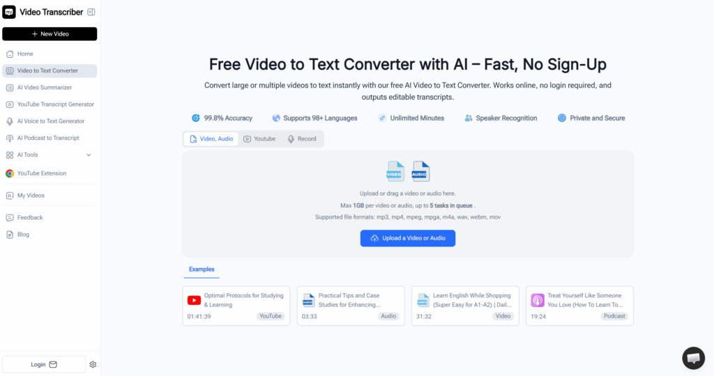 Video Transcriber AI - Best for Fast No-Login Online Transcription