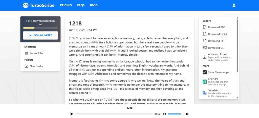 TurboScribe - Best for Export Flexibility and File Format Options