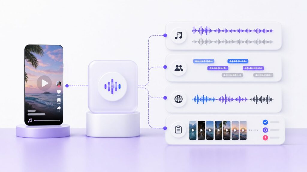 TikTok transcription pipeline handling music multiple speakers multilingual audio and batches of short videos