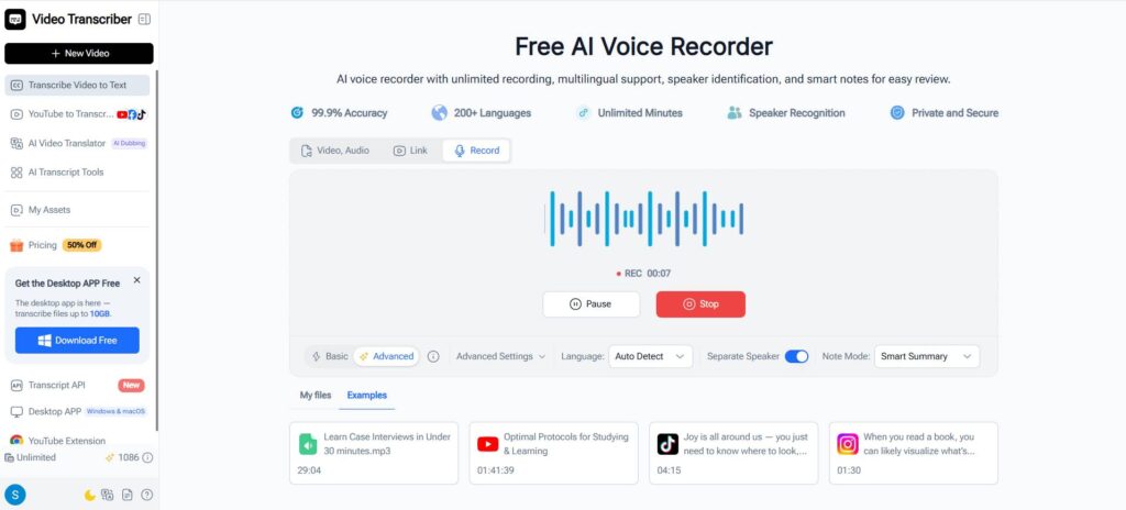 Start recording meeting with Video Transcriber AI online