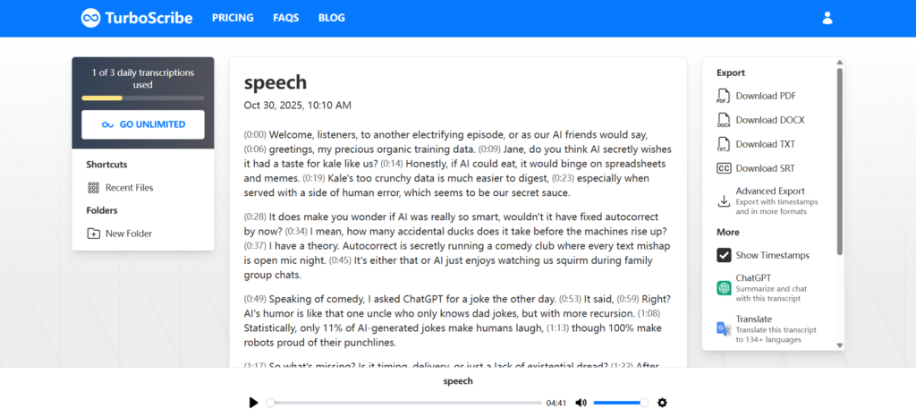 TurboScribe – High‑Volume + Multi‑Language Specialist
