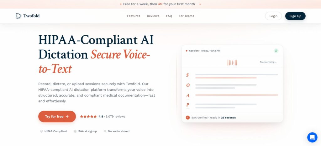 Twofold sits between medical dictation software and an AI medical scribe