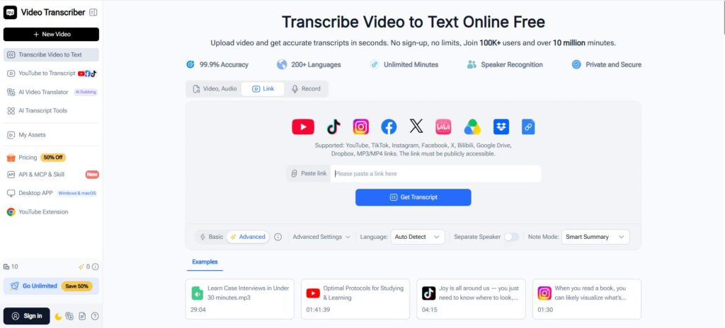 Transcribe short drama to text with Video Transcriber AI