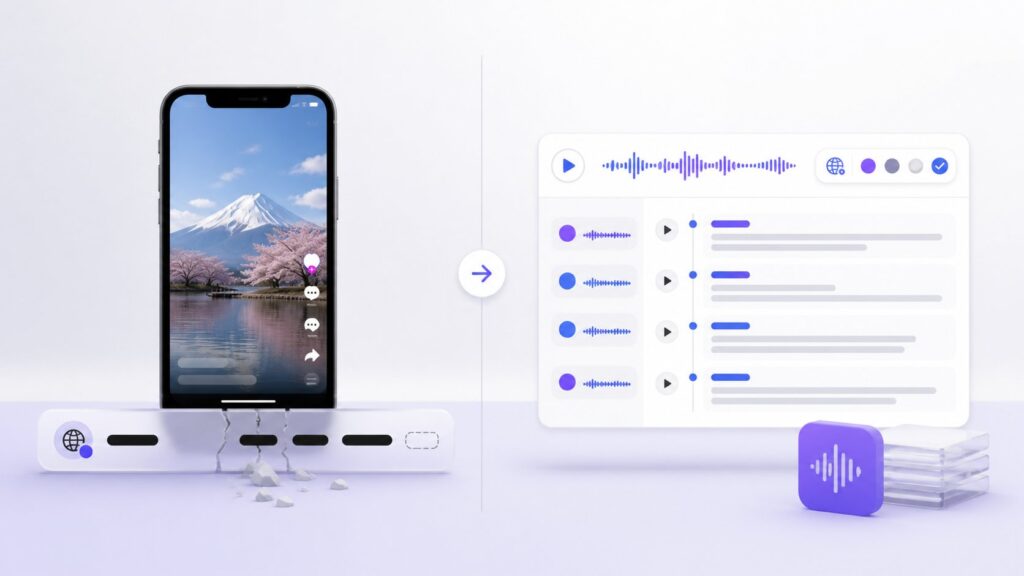 Incomplete TikTok captions compared with an AI transcript containing timestamps speakers and language detection