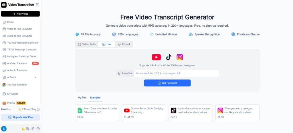 Video Transcriber AI generates video transcripts with 99% accuracy in 200+ languages online free.