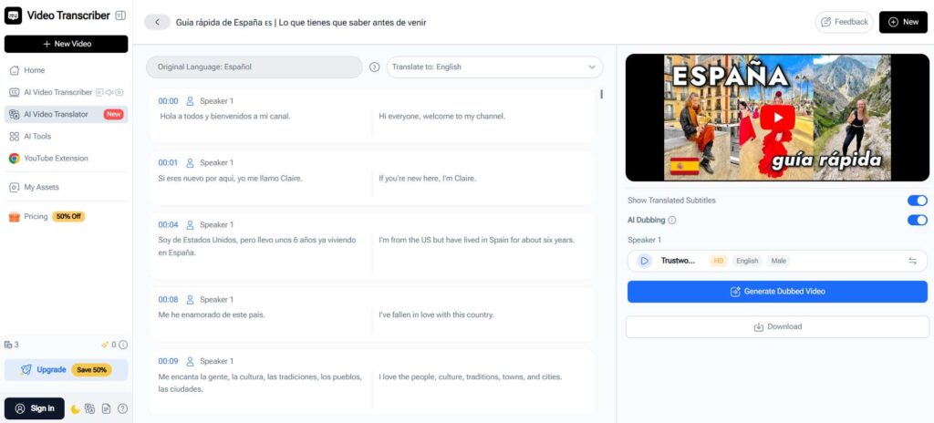 Video Transcriber AI's AI Video Translator gives you editable transcripts, which makes it easier to correct recognition errors before they carry over when you translate Spanish video to English.