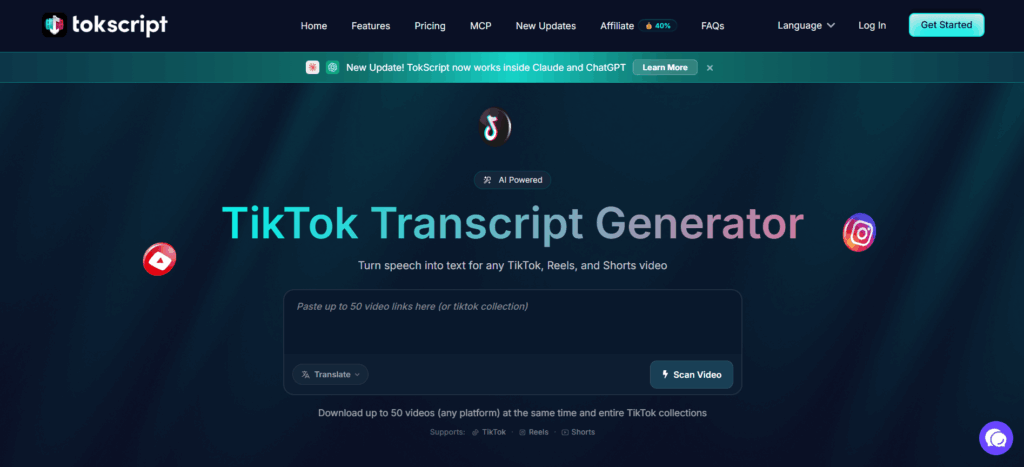 TokScript — Best for Fast Lightweight TikTok to Transcript Processing