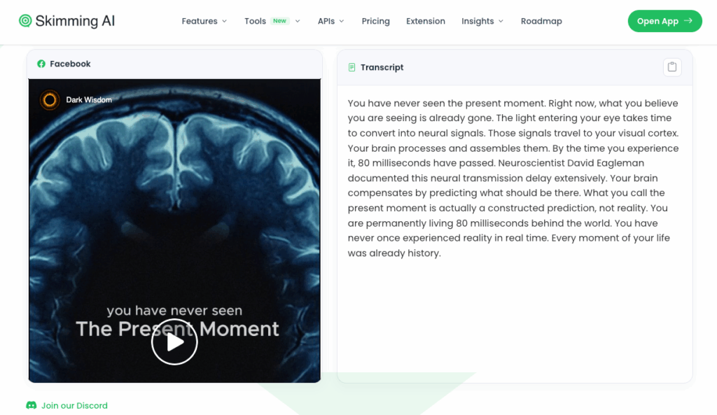 Skimming.ai: Transcribe Facebook Video Without Installing Anything