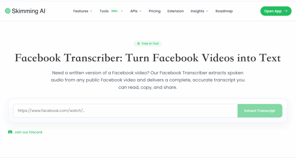 Skimming.ai: Transcribe Facebook Video Without Installing Anything