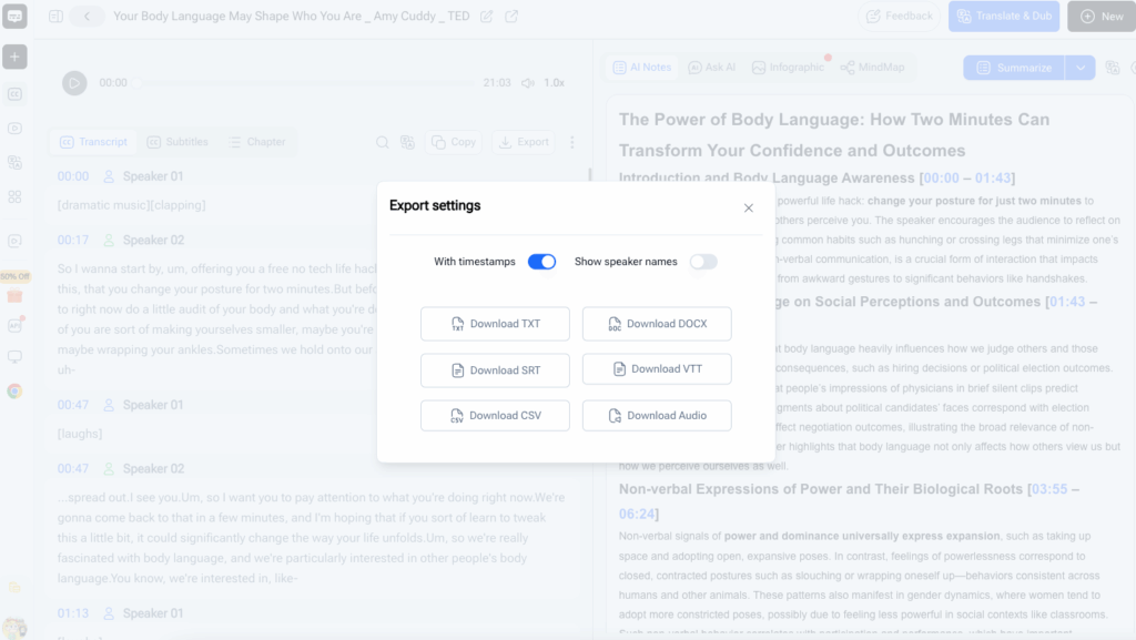 Step 5: Export Your Transcript (TXT, SRT, or Copy)
