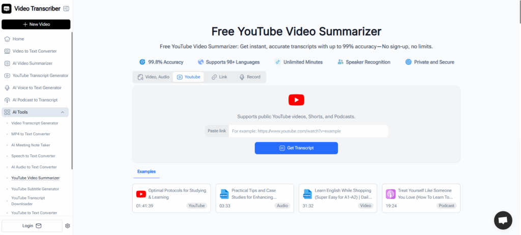 Video Transcriber AI - Best Overall Free YouTube Video Summarizer