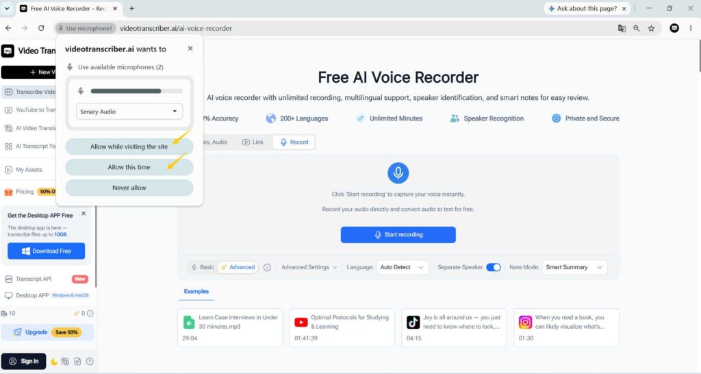 Before record and transcribe meetings, please allow Video Transcriber AI to use the microphone