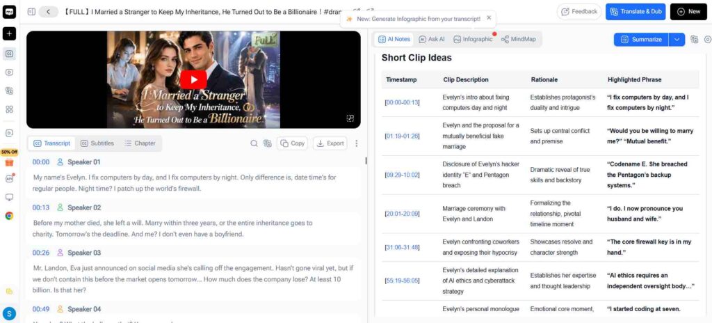 Analyze short drama play scripts with Video Transcriber AI, you can get new ideas for creation