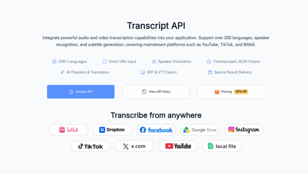 Video Transcriber AI Transcript API: One Best Speech to Text API for Every Source
