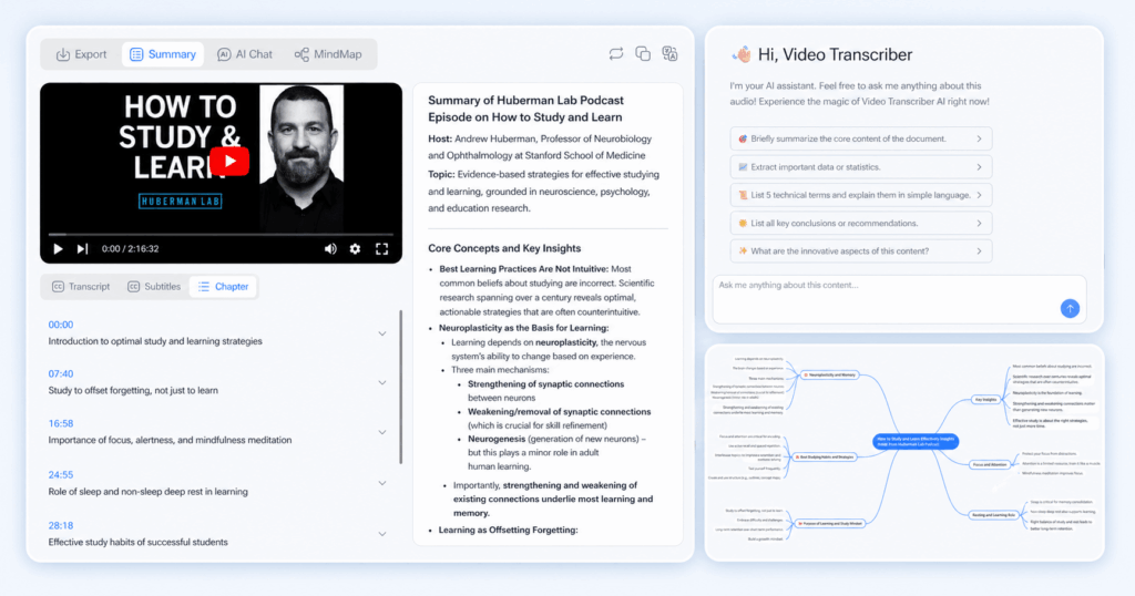 Vdieo Transcriber AI summary AI chat mindmap