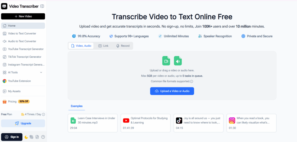 Video Transcriber AI true page
