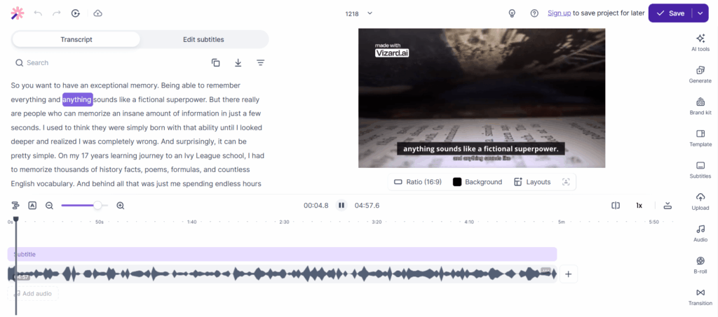 Vizard produces output as edited video clips in MP4 format, with captions embedded directly into the video.