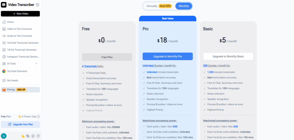 Video Transcriber AI Pricing and Plan