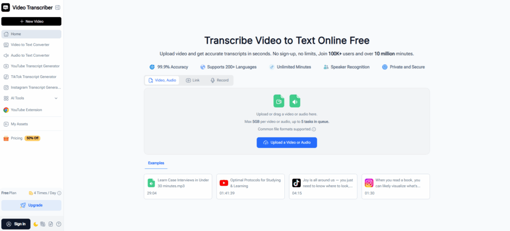 Video Transcriber AI is a specialized AI-powered transcription tool designed for converting existing audio and video content into accurate text.