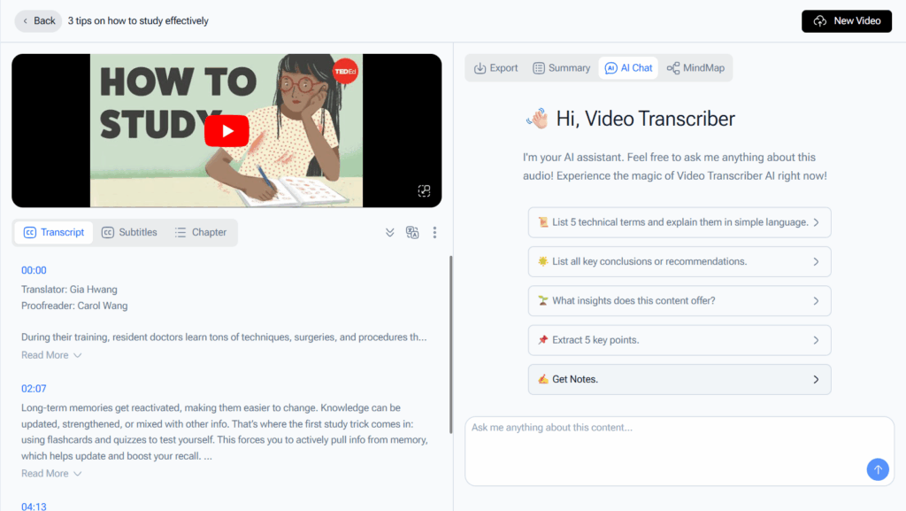 Video Transcriber AI transcription page