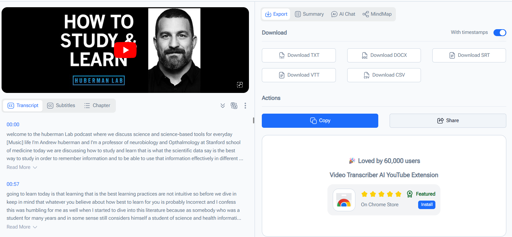 Video Transcriber AI transcription page
