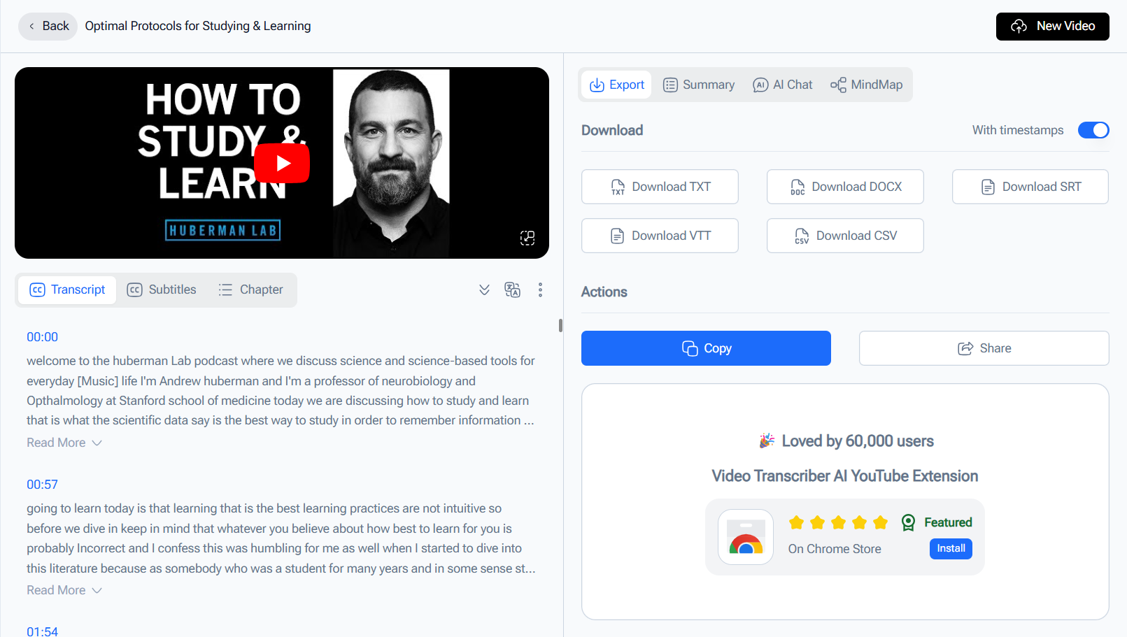 Video Transcriber AI transcription page