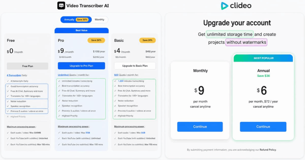 Pricing page Video Transcriber ai vs clideo