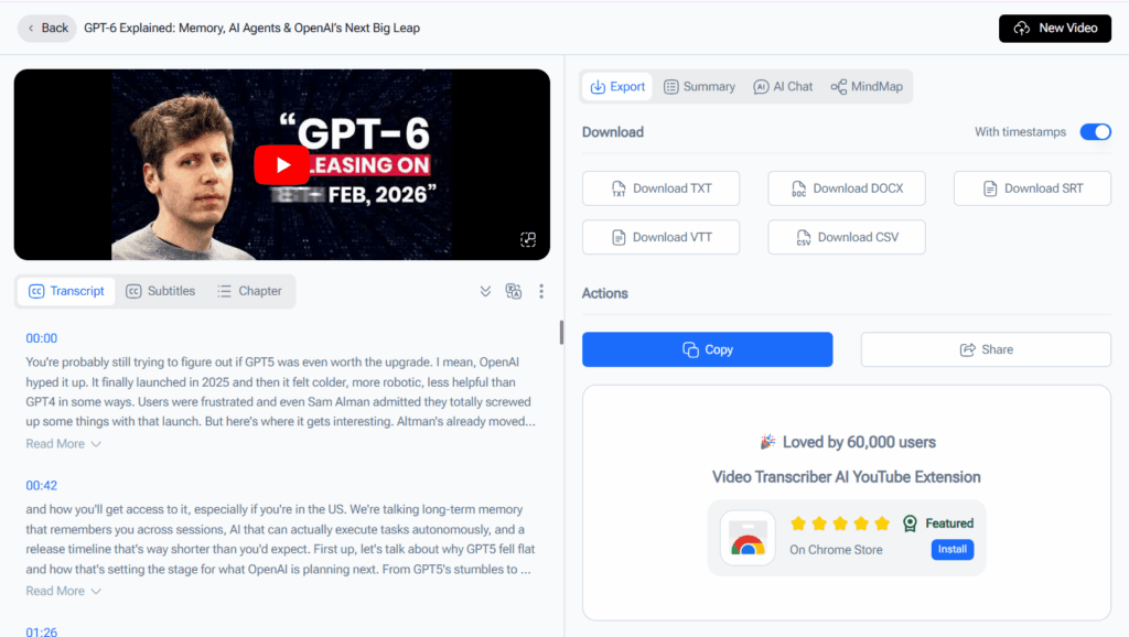 Video Transcriber AI transcription page