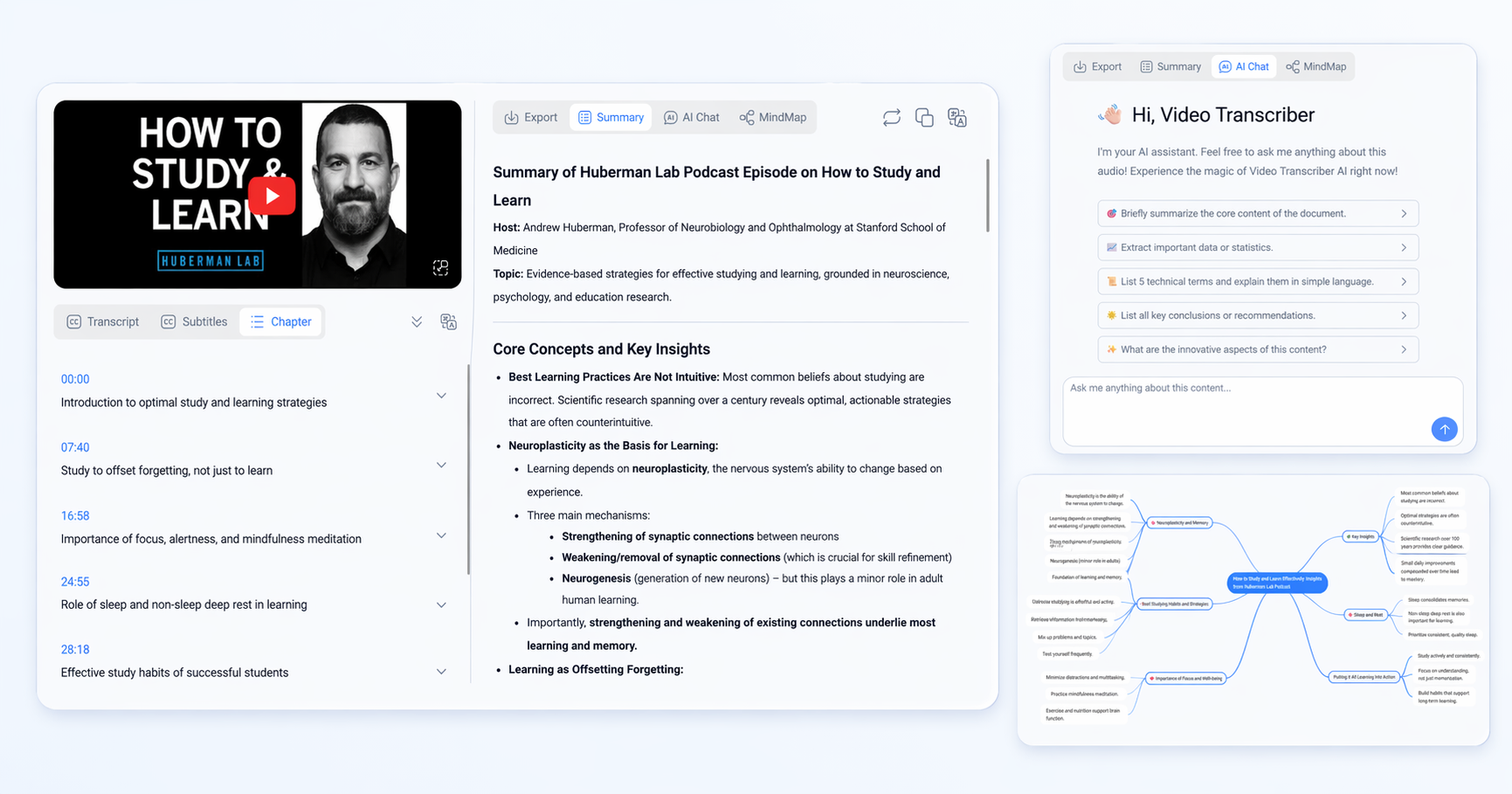 Video Transcriber AI summary AI chat mindmap