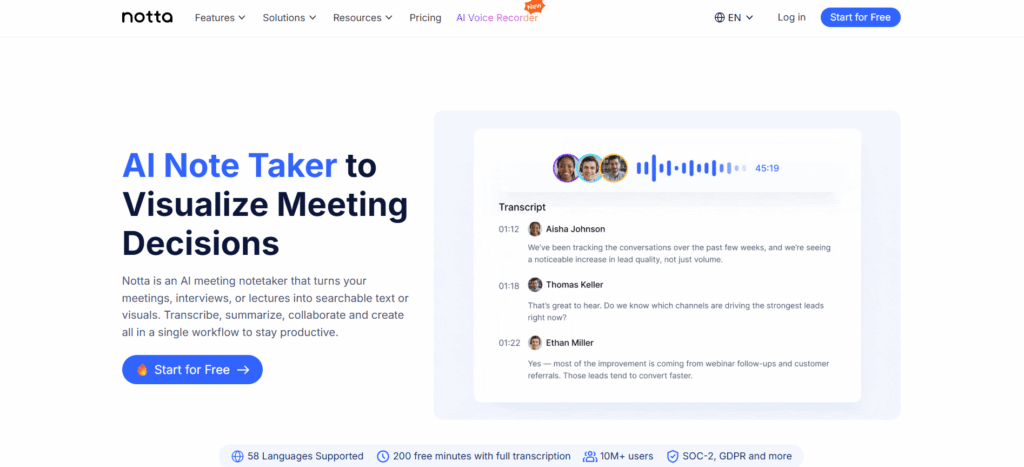 Notta is a meeting-first AI note taking tool